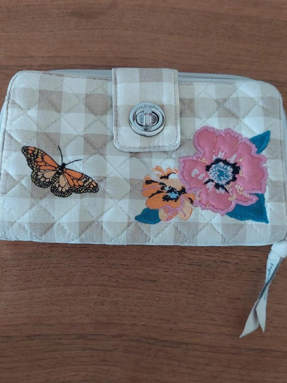 vera bradley cream and tan checkered quilted wallet with floral and butterfly em